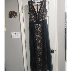 Candalite Black Lace Maxi Dress S Nude Lined Whimsy Goth Sheer Overlay